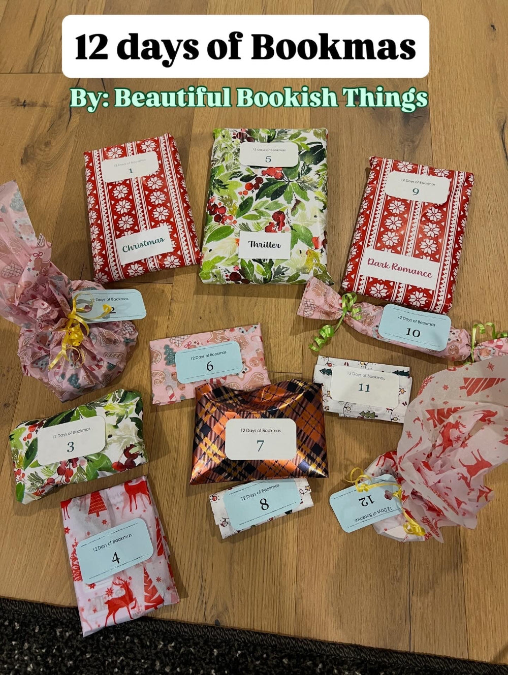 12 days of Bookmas by Beautiful Bookish Things with wrapped packages on a wooden surface.