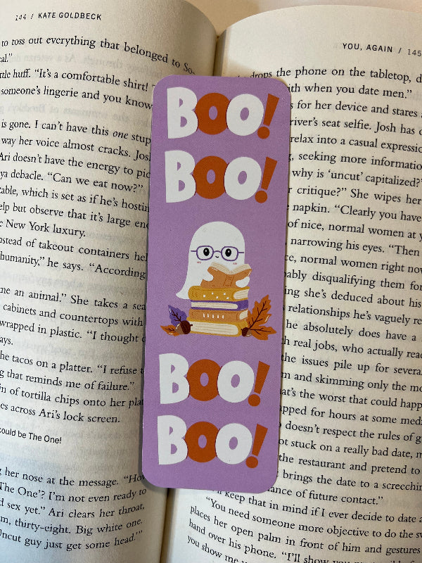 Purple bookmark with 'BOO!' text and a ghost design 